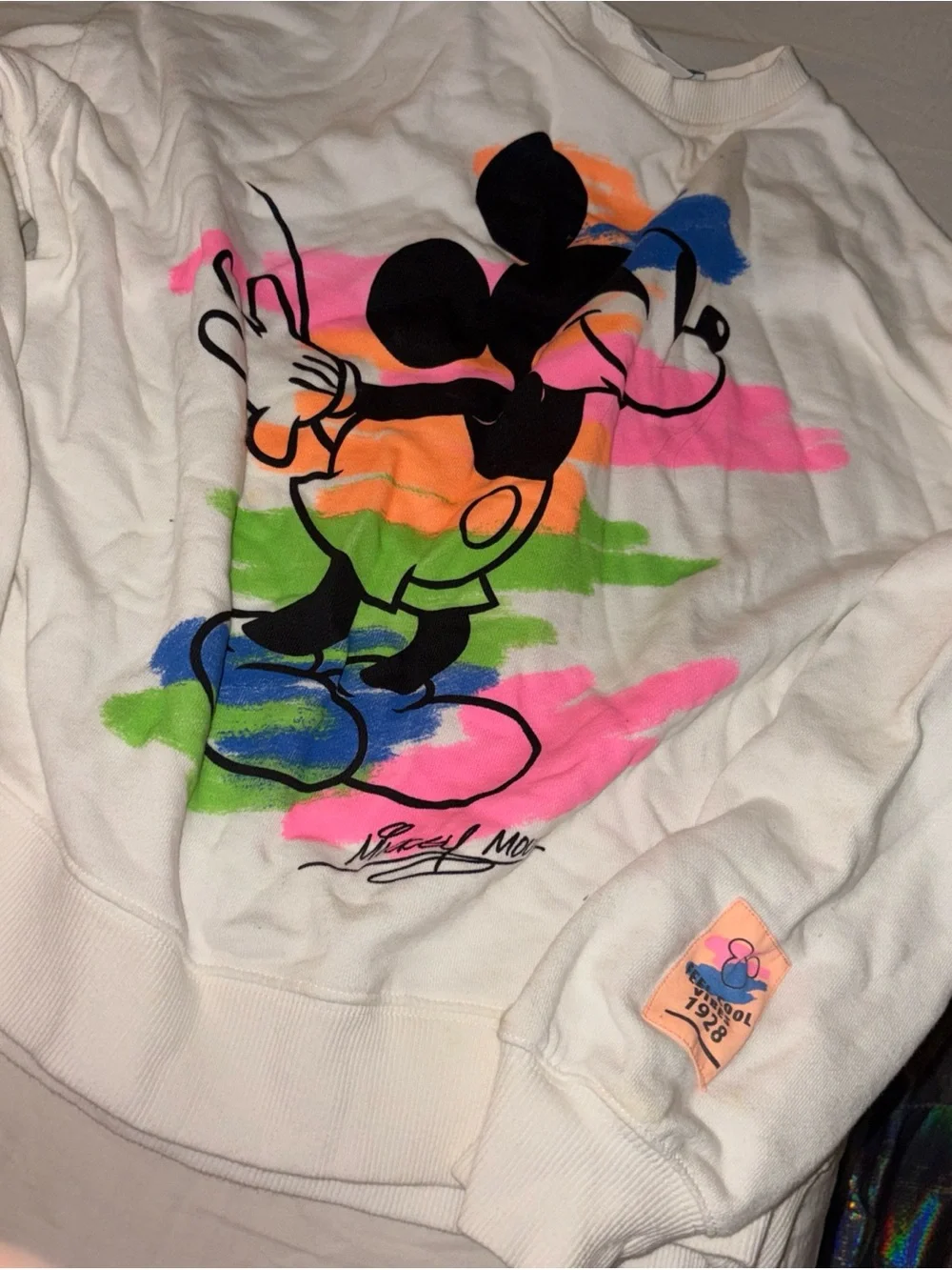 Zara White Kids Sweatshirt with Neon Brushstroke Mickey Graphic